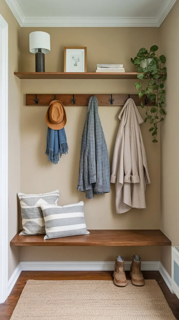 Beige walls and a rug complement a charming entryway boasting practical hallway storage solutions.