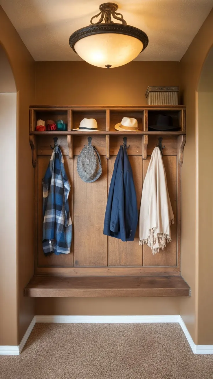 A warm beige hallway boasts a DIY wooden shelf with coat hooks and a stylish light fixture, maximizing storage space.