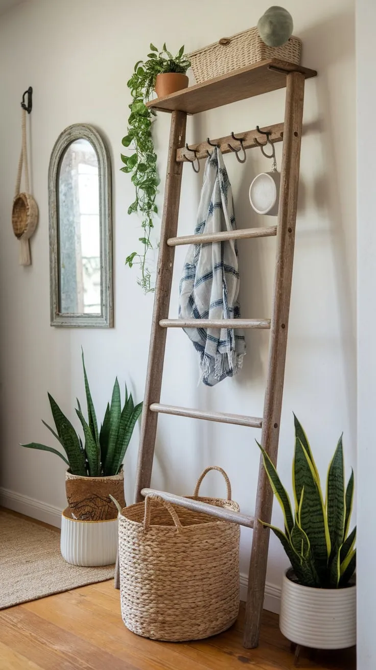 A rustic wooden ladder, adorned with hooks and a basket, offers charming hallway storage and complements vintage decor.