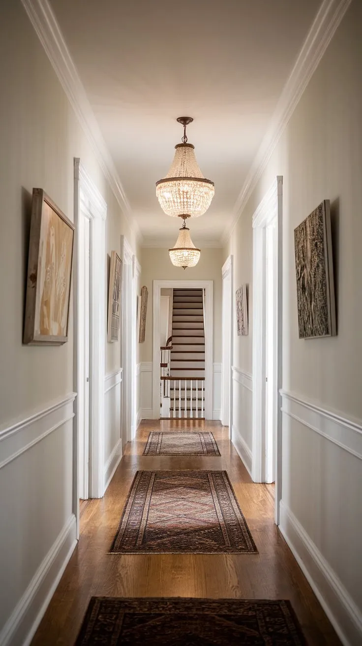 Upstairs, this narrow hallway decor is transformed into a showstopper.  The long hallway design is cleverly styled with a beautiful rug, artwork, and a magnificent chandelier, offering brilliant hallway lighting ideas.  This open concept hallway proves that even small hallway ideas can create a grand entrance.  Explore these hallway styling and hallway decor tips for your own home.