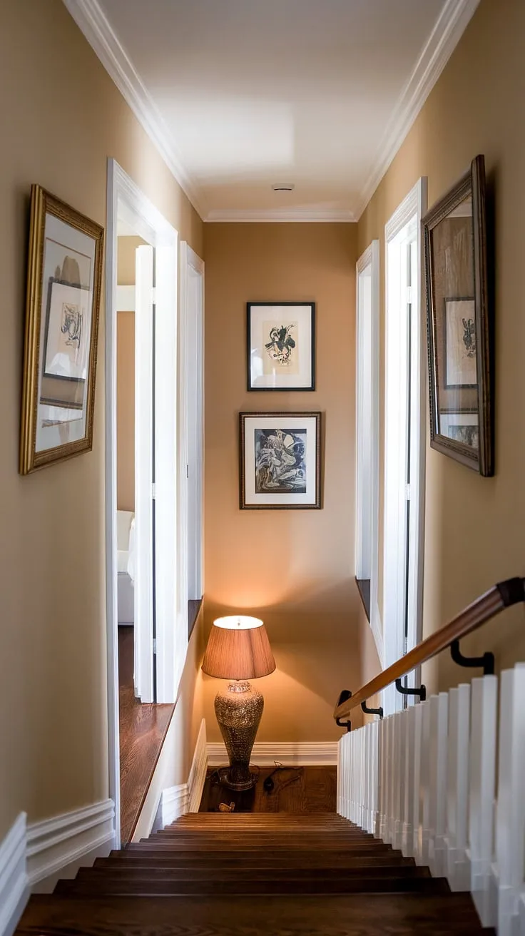 The dark wood stairs contrast beautifully with the beige walls in this upstairs hallway, creating a sophisticated long hallway design.  Simple hallway decor and strategic hallway lighting ideas transform this narrow hallway into a stylish and welcoming space, offering inspiration for small hallway ideas and hallway styling.