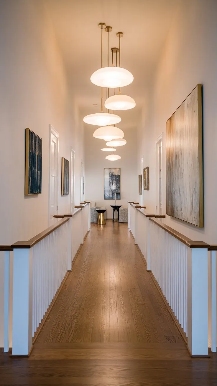 This long hallway upstairs, with its open concept design, is a masterclass in hallway styling.  The narrow hallway decor is cleverly maximized with strategic hallway lighting ideas, creating a warm and inviting atmosphere.  Simple furniture and artwork complete the look, proving that even small hallway ideas can yield stunning results.