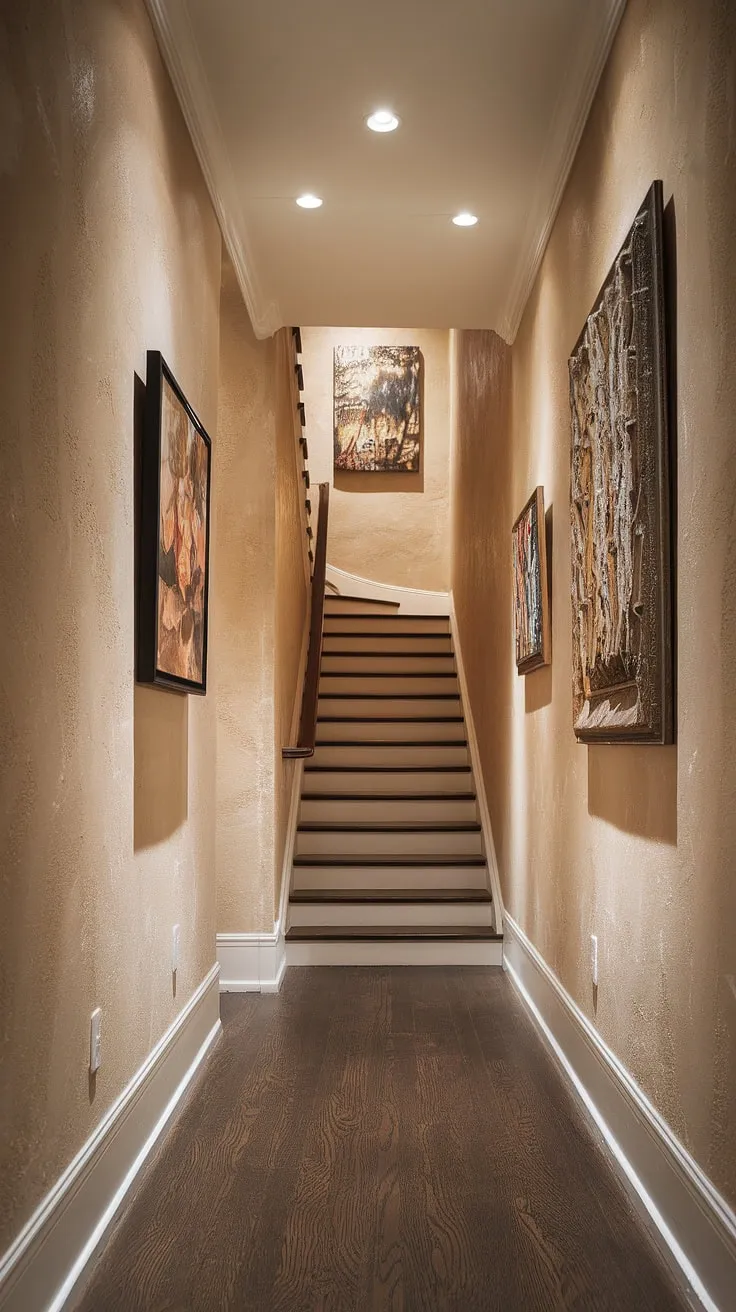 The textured beige walls and dark wood floors in this hallway upstairs are the perfect backdrop for the curated hallway decor.  This narrow hallway decor showcases how effective hallway lighting ideas can be in a long hallway design.  Clever hallway styling transforms this small space into an elegant and open concept hallway.