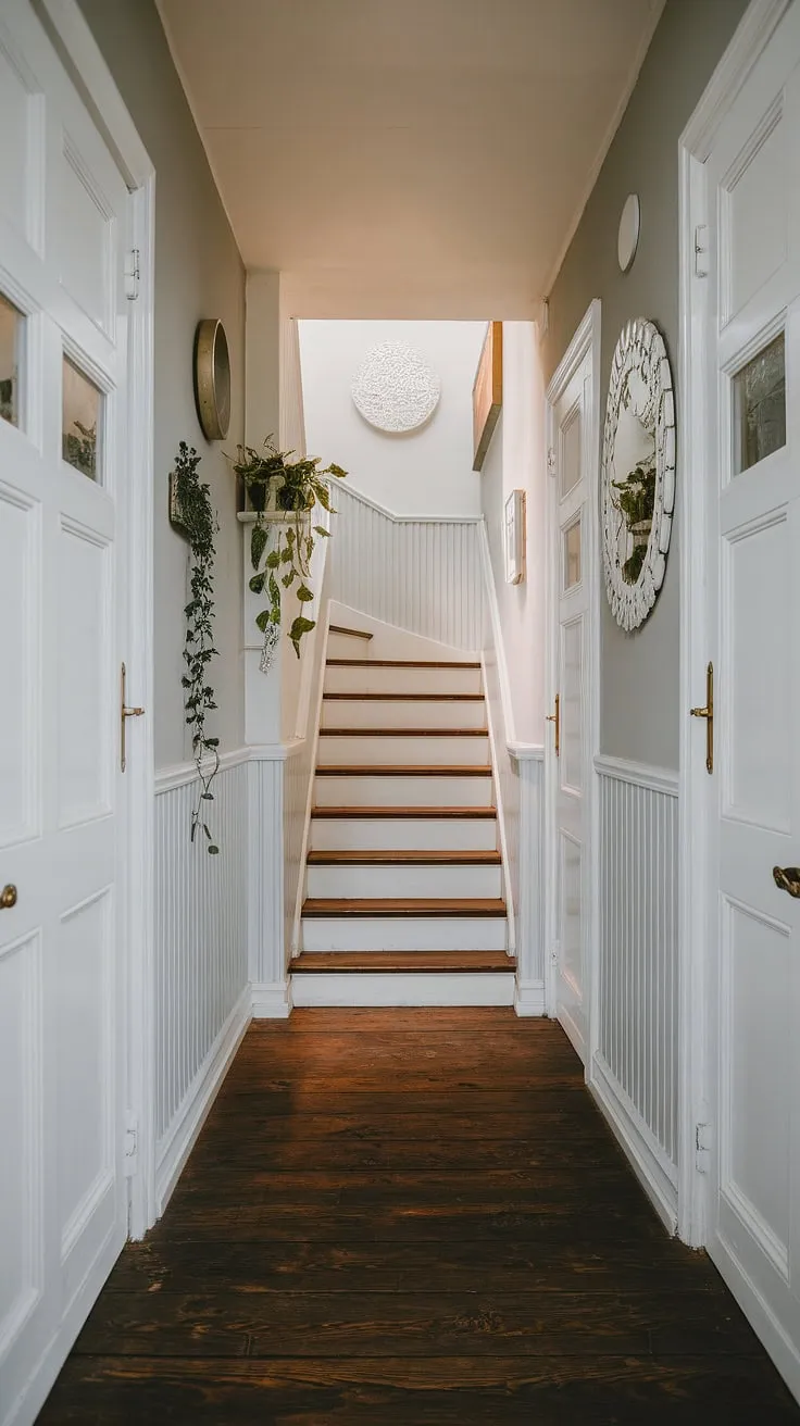 This long hallway design, with its soft hallway illumination and narrow hallway decor, proves that even a small space can feel grand.  The open concept hallway, enhanced by thoughtful hallway decor including a strategically placed mirror and plant, creates a welcoming atmosphere.  Clever hallway lighting ideas maximize the space, while the white doors and staircase add a touch of elegance.  Upstairs, this hallway styling showcases how simple touches can transform a narrow hallway into a stunning feature.