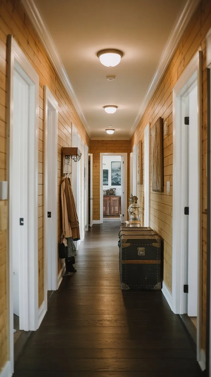 Upstairs, this open concept hallway unfolds, a testament to clever long hallway design.  The hallway illumination is perfectly balanced, highlighting the rich wood flooring and paneling.  With thoughtful hallway decor, including a vintage trunk and coat rack, this narrow hallway decor feels spacious and welcoming, showcasing brilliant hallway lighting ideas and smart hallway styling.