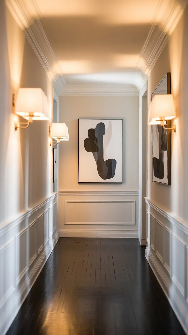 Upstairs, this narrow hallway's long hallway design is cleverly maximized.  Hallway decor is minimal yet impactful, with strategically placed artwork and subtle hallway lighting ideas. The hallway illumination creates a cozy ambiance, showcasing the hallway styling and offering practical hallway decor solutions for even small hallway ideas.