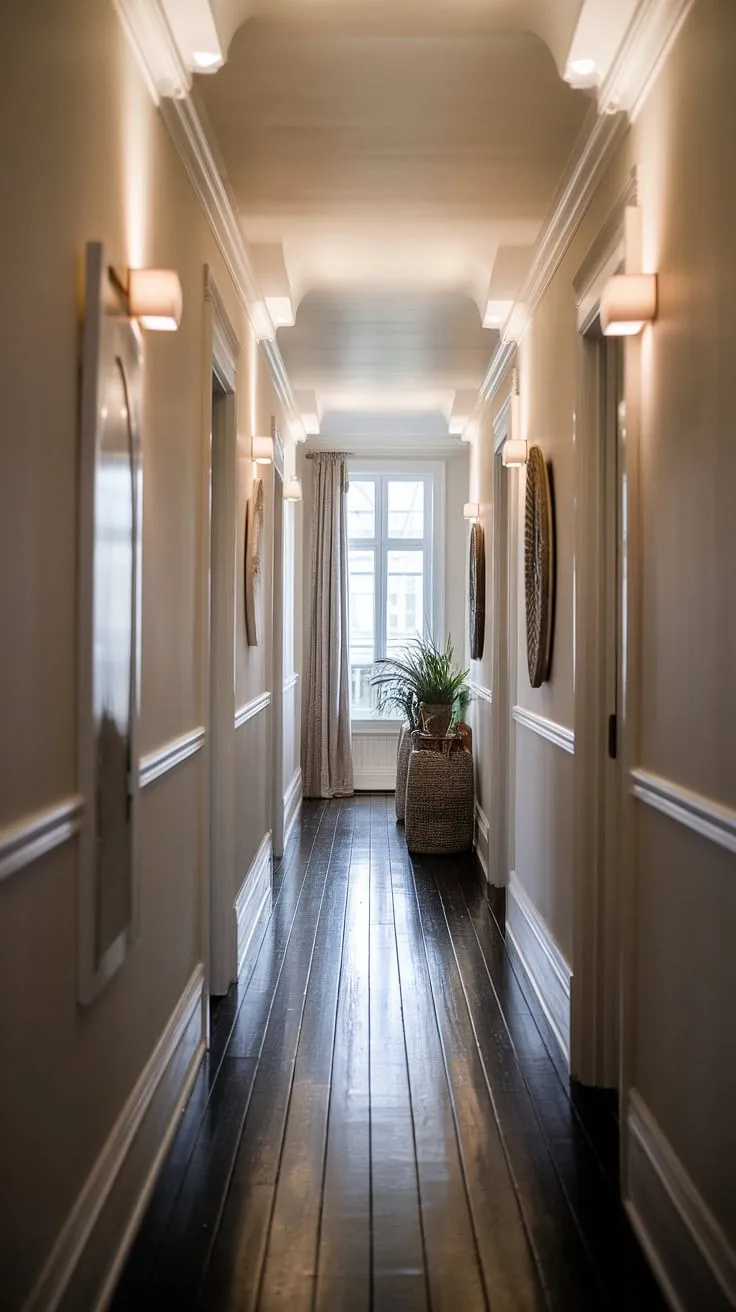 Upstairs, this small hallway ideas solution showcases how hallway decor can transform a narrow space. The hallway lighting ideas, combined with the strategic placement of a few key pieces, create a surprisingly open concept hallway.  This long hallway design is a masterclass in hallway styling, proving that even a small area can be both functional and beautiful.