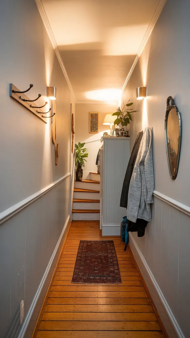 Warm hallway illumination transforms this narrow upstairs hallway into a welcoming space.  Clever hallway decor, including a vintage mirror and strategically placed plant, maximizes the feel of this long hallway design, showcasing smart small hallway ideas and effective hallway styling. The open concept feel is enhanced by the soft lighting and thoughtful hallway lighting ideas.