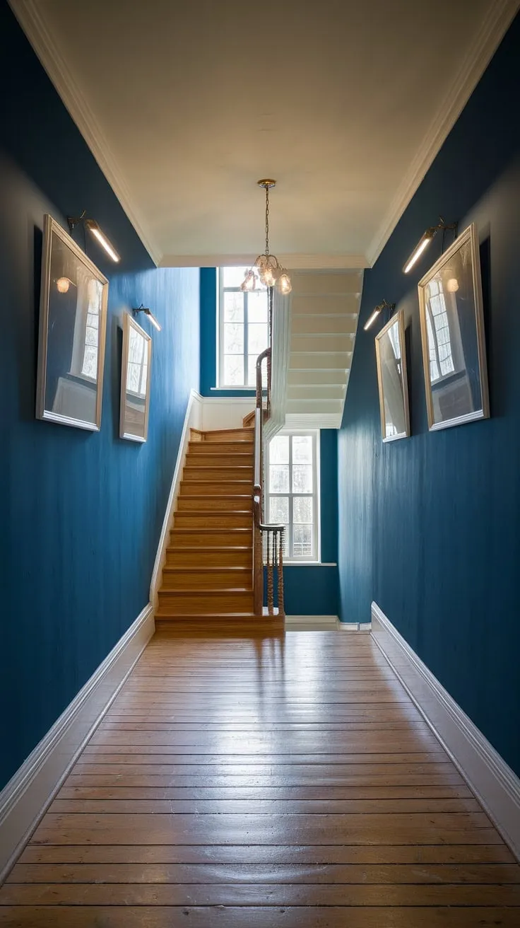 This long hallway design maximizes light with strategic hallway illumination, showcasing a stunning blend of narrow hallway decor and open concept hallway flow.  The deep blue walls, white frames, and wooden floors create a sophisticated hallway decor, offering small hallway ideas for maximizing space and style.  The upstairs hallway is beautifully accented by the chandelier and window light, providing inspiration for hallway lighting ideas and overall hallway styling.