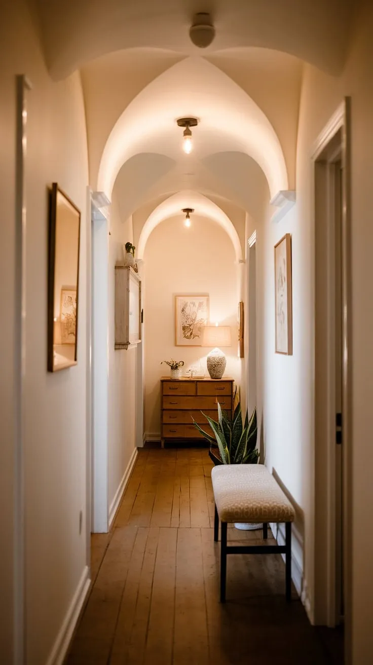 Transforming a narrow hallway into a design statement: this upstairs hallway demonstrates the power of hallway lighting ideas and clever hallway decor.  The long hallway design is elegantly addressed with strategic furniture placement and a focus on hallway illumination, resulting in a welcoming and open concept hallway.  These small hallway ideas prove that even the smallest spaces can be stylish and functional, showcasing effective hallway styling.
