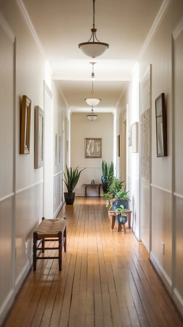 Sunlight streams through this open concept hallway, showcasing clever hallway styling and narrow hallway decor.  The long hallway design is maximized with strategic hallway lighting ideas, creating a bright and welcoming upstairs space.  Small hallway ideas like the potted plants and carefully chosen furniture add warmth and personality.
