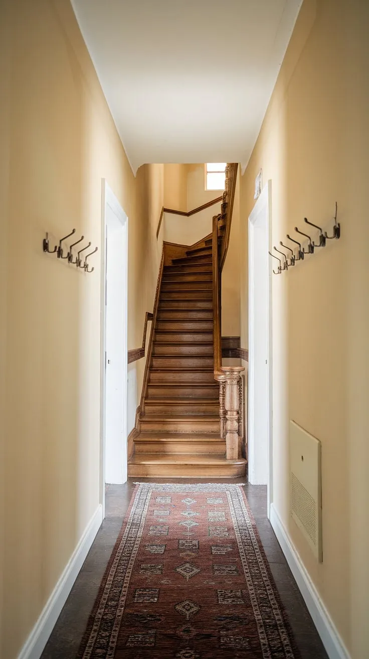 Sunlight streams through this open concept hallway, illuminating the warm wood of the staircase and showcasing clever hallway decor.  The long hallway design is maximized with narrow hallway decor, including a strategically placed rug and coat hooks, offering small hallway ideas for maximizing space and style. This hallway upstairs is a testament to thoughtful hallway lighting ideas and hallway styling.
