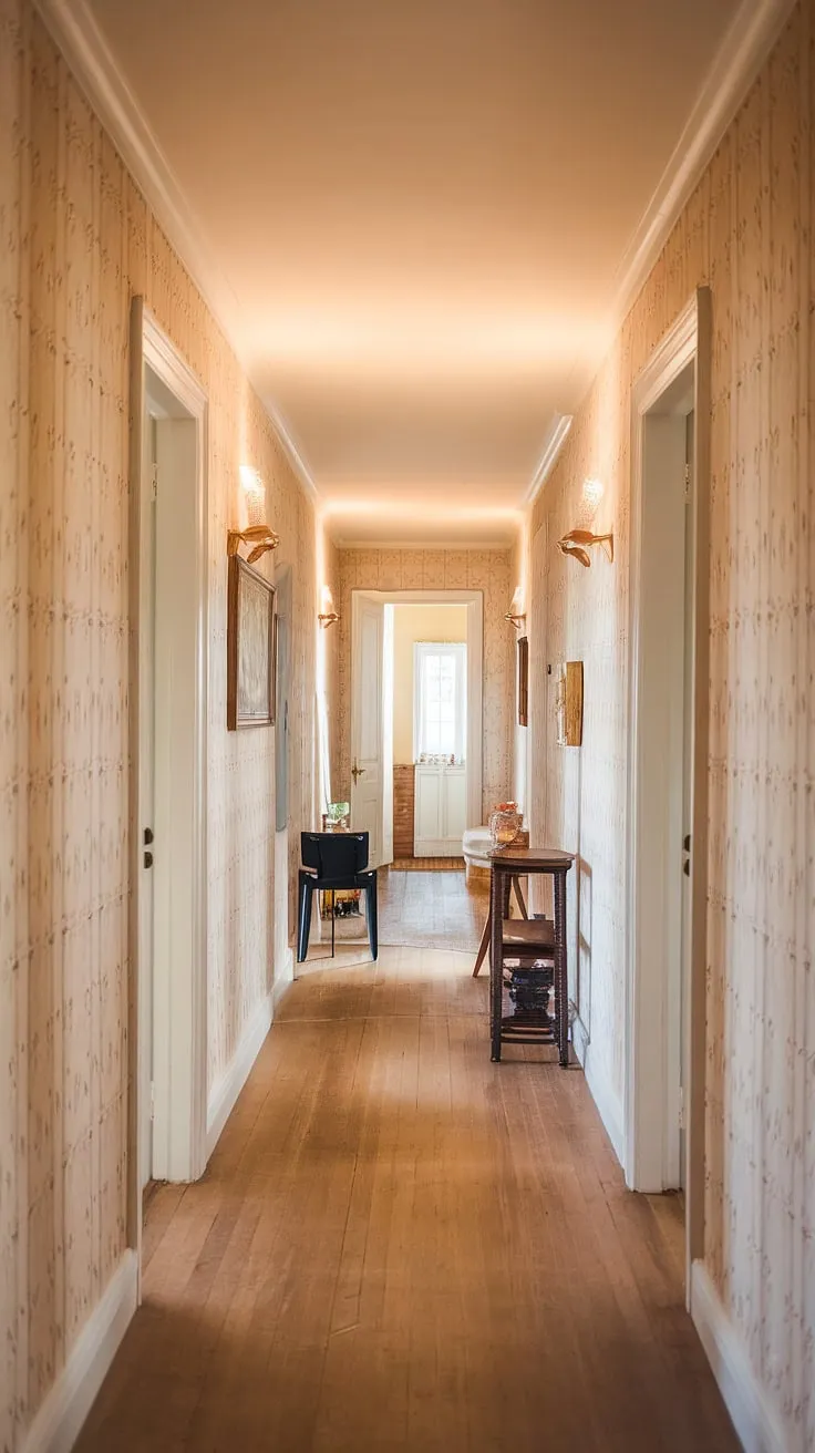 The elegant hallway decor in this upstairs space transforms a narrow hallway into a design statement.  The long hallway design is cleverly maximized with thoughtful hallway lighting ideas, creating a welcoming hallway illumination.  The subtle furniture placement and patterned wallpaper contribute to the overall hallway styling, proving that even small hallway ideas can yield stunning results.  This open concept hallway is a masterclass in maximizing space and creating ambiance.
