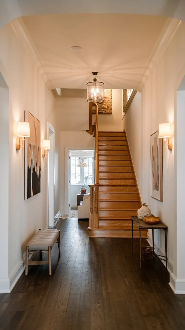 This long hallway design maximizes space and style.  The warm hallway illumination, achieved with a mix of lamps and a chandelier, creates a cozy atmosphere, while the narrow hallway decor, including carefully chosen wall art and a simple bench, prevents the space from feeling cramped.  Clever hallway lighting ideas and hallway styling transform this potentially awkward area into a welcoming transition between downstairs and upstairs.