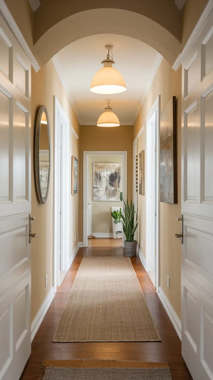 Elegant and functional, this narrow hallway decor showcases the beauty of simplicity.  The hallway lighting ideas create a welcoming ambiance in this upstairs open concept hallway, while the long hallway design is enhanced by thoughtful placement of a mirror and artwork.  This small hallway ideas inspiration proves that even a limited space can be transformed into a stunning feature with the right hallway decor and hallway illumination.