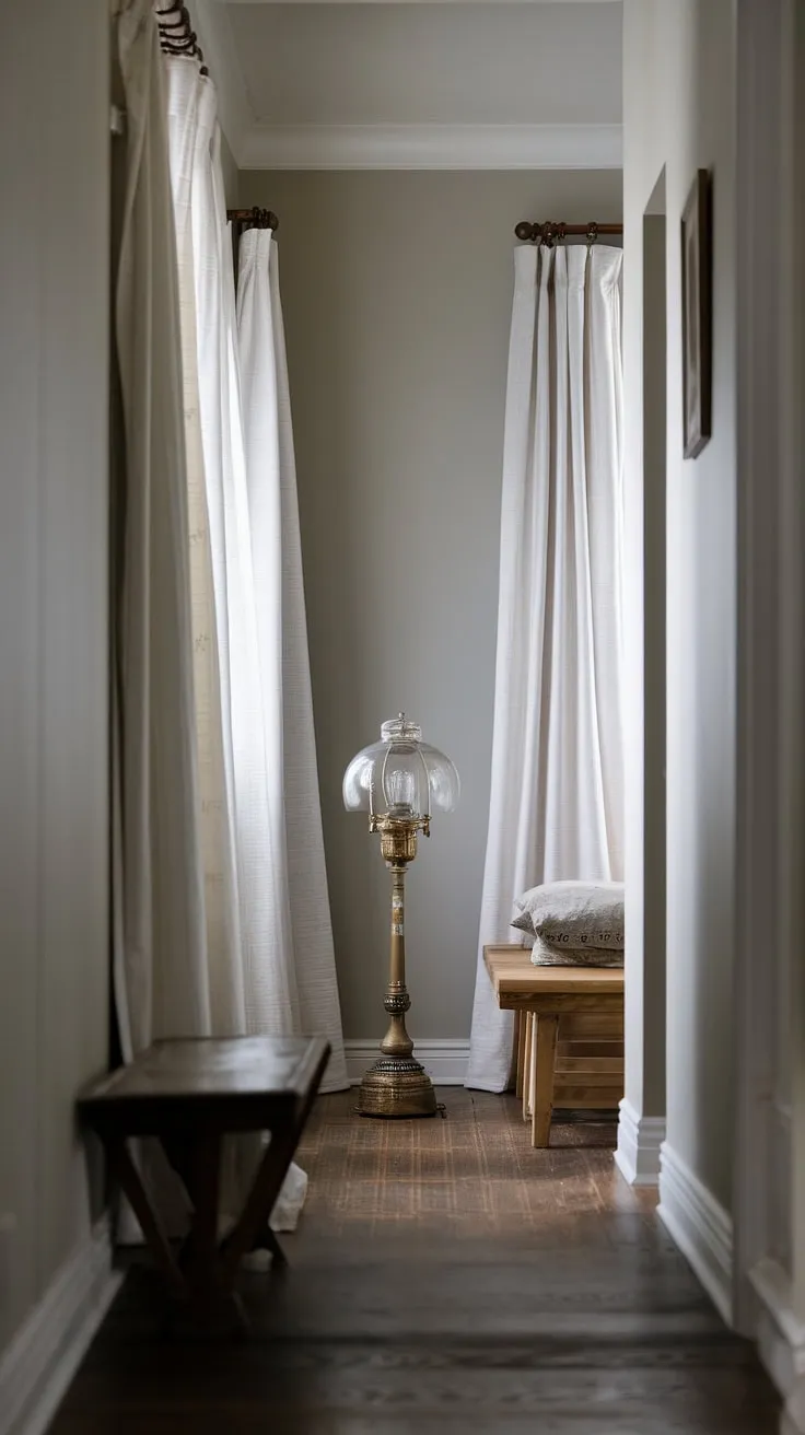 Upstairs, this long hallway design proves that even a narrow hallway can be a stylish statement.  The mix of modern and traditional hallway decor, enhanced by soft hallway illumination from a vintage lamp, creates a welcoming atmosphere.  Clever hallway lighting ideas and thoughtful hallway styling transform this small hallway into a captivating space.