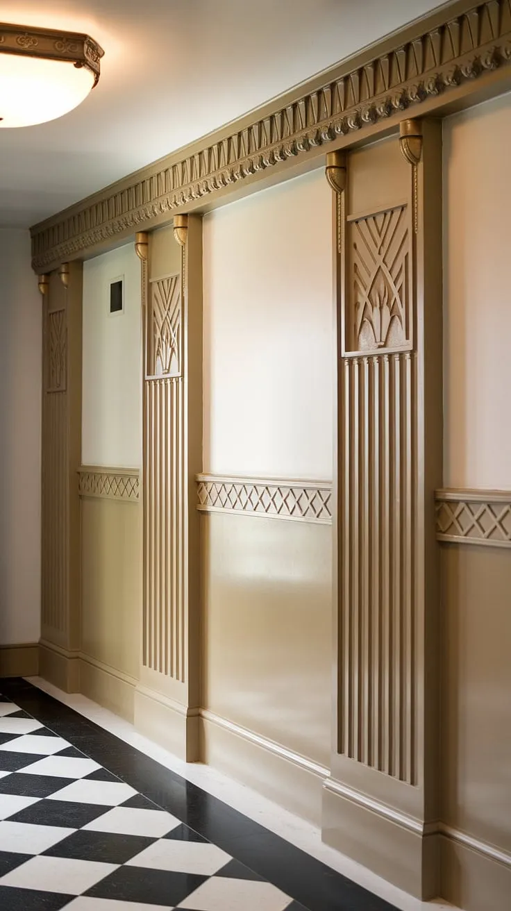A breathtaking display of art deco wainscoting transforms this hallway into a masterpiece. The high ceiling wainscoting, complete with intricate detailing, offers endless wainscoting ideas for those seeking dramatic impact.  This stunning example of decorative wall trim is ideal for entryway wainscoting and wainscoting for foyers, proving that even hallway wainscoting can be a showstopper.