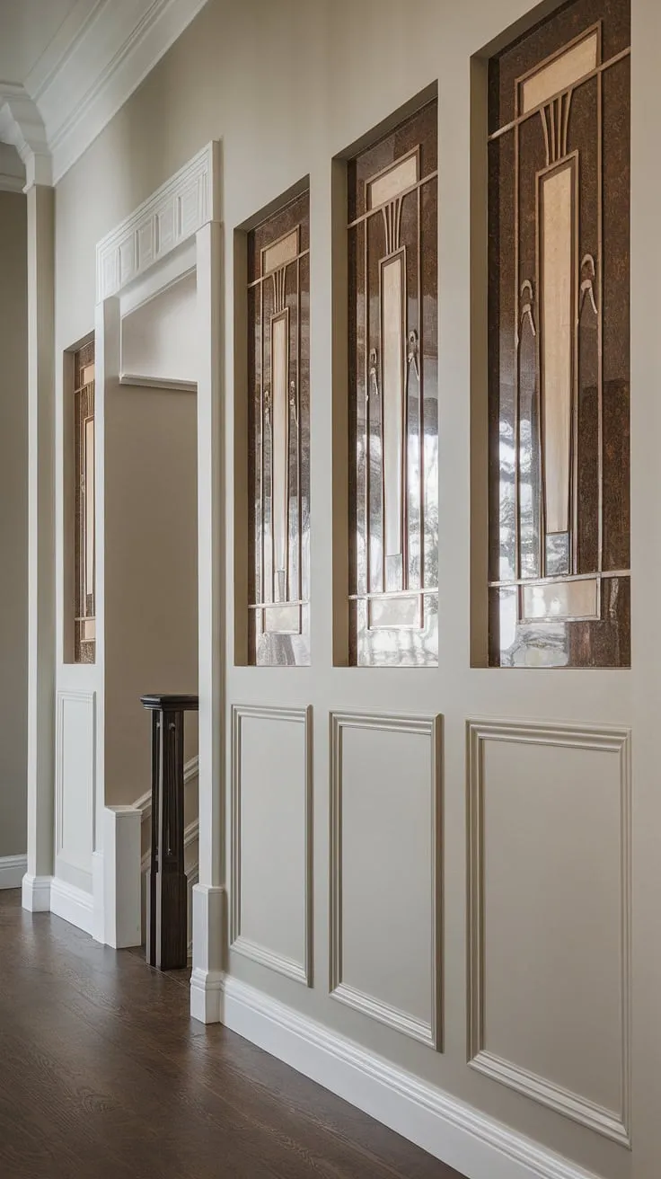 The dark wood floors and light gray walls provide the perfect backdrop for this show-stopping hallway wainscoting.  This art deco masterpiece showcases the transformative power of decorative wall trim, proving that even half panel wainscoting can make a bold statement.  Looking for wainscoting ideas for high ceiling wainscoting? Look no further. This design is ideal for entryway wainscoting and wainscoting for foyers, offering a touch of luxury to any space.