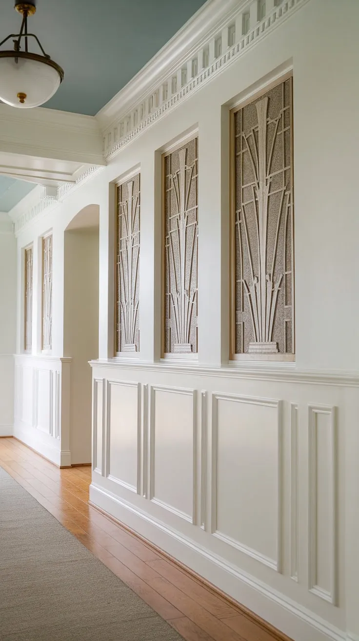 The artistry of this hallway is undeniable.  From the light blue high ceilings to the intricate art deco wainscoting, every detail speaks volumes. This half panel wainscoting, a masterclass in wainscoting for foyers and entryway wainscoting, proves that even wainscoting for short walls can make a grand statement.  Find inspiration in these wainscoting ideas for your next design project.