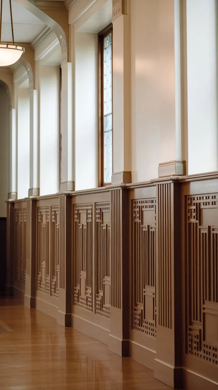 The grandeur of this high-ceilinged hallway is amplified by the exquisite art deco wainscoting.  This half panel wainscoting, extending from floor to window, offers endless wainscoting ideas for your own home.  Imagine this entryway wainscoting welcoming guests, or this decorative wall trim adding sophistication to your foyer.  A testament to the versatility of wainscoting for short walls and a showstopper in hallway wainscoting design.