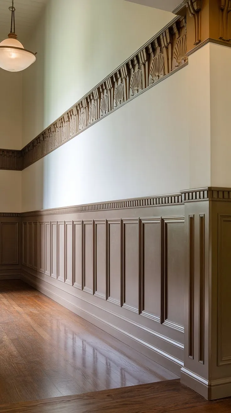 Step into elegance. This hallway's high ceiling wainscoting, a stunning example of art deco wainscoting, transforms the space into a breathtaking entryway.  The intricate decorative wall trim and half panel wainscoting offer endless wainscoting ideas, perfect for foyers and short walls alike.  A testament to the power of wainscoting for short walls and high ceilings.