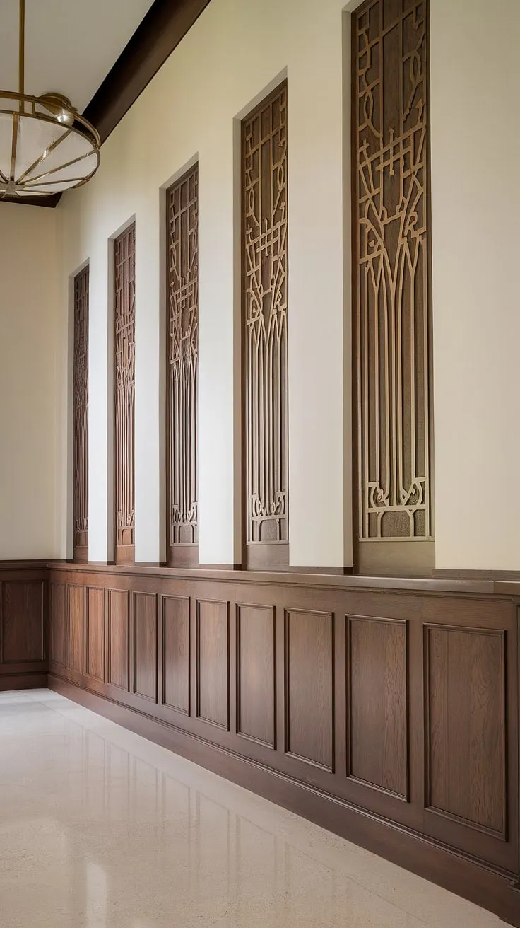 A symphony of light and design. This dramatic hallway showcases the transformative power of high ceiling wainscoting. The art deco patterns of the half panel wainscoting, extending from floor to ceiling, create a truly unique decorative wall trim.  Perfect wainscoting ideas for those seeking to elevate their entryway wainscoting or even find solutions for wainscoting for short walls, this space proves that hallway wainscoting can be a statement piece.