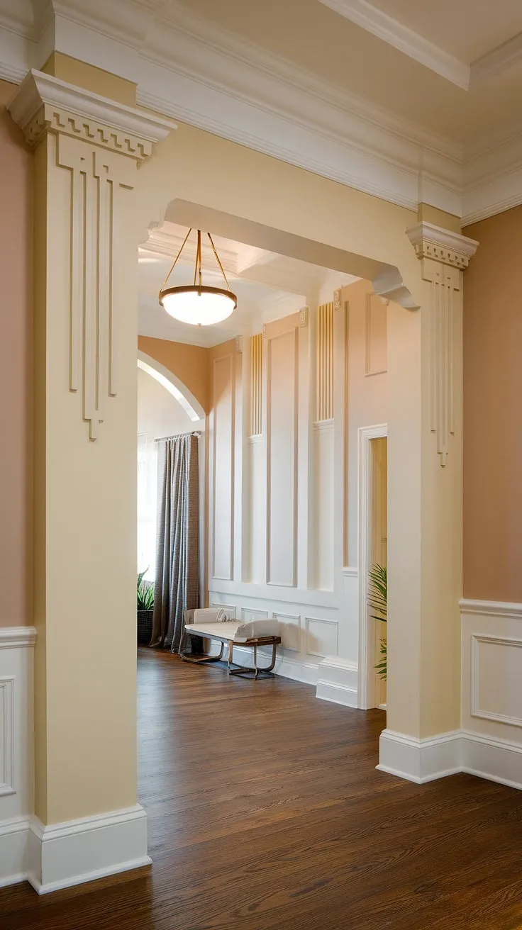 Step into elegance. This entryway's high ceiling wainscoting, a stunning example of art deco wainscoting, elevates the space with its intricate decorative wall trim.  The half panel wainscoting is perfect for showcasing wainscoting ideas, especially for foyers and those seeking wainscoting for short walls.  A testament to how hallway wainscoting can transform even a simple entryway.