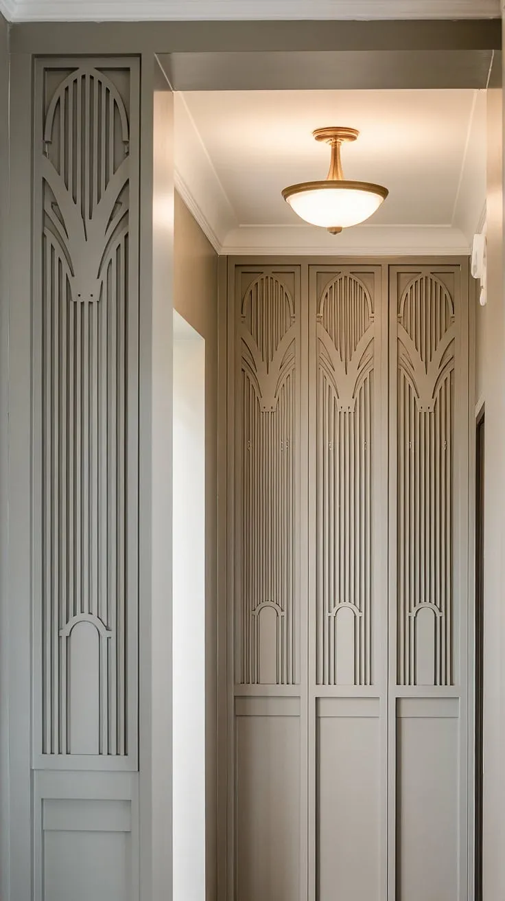 Step into elegance with this stunning hallway, showcasing exquisite art deco wainscoting that transforms the space from floor to high ceiling.  This is the perfect example of wainscoting ideas for foyers and entryway wainscoting, offering a luxurious feel with its decorative wall trim.  Consider this high ceiling wainscoting inspiration for your own home, whether you're looking for half panel wainscoting or solutions for wainscoting for short walls.
