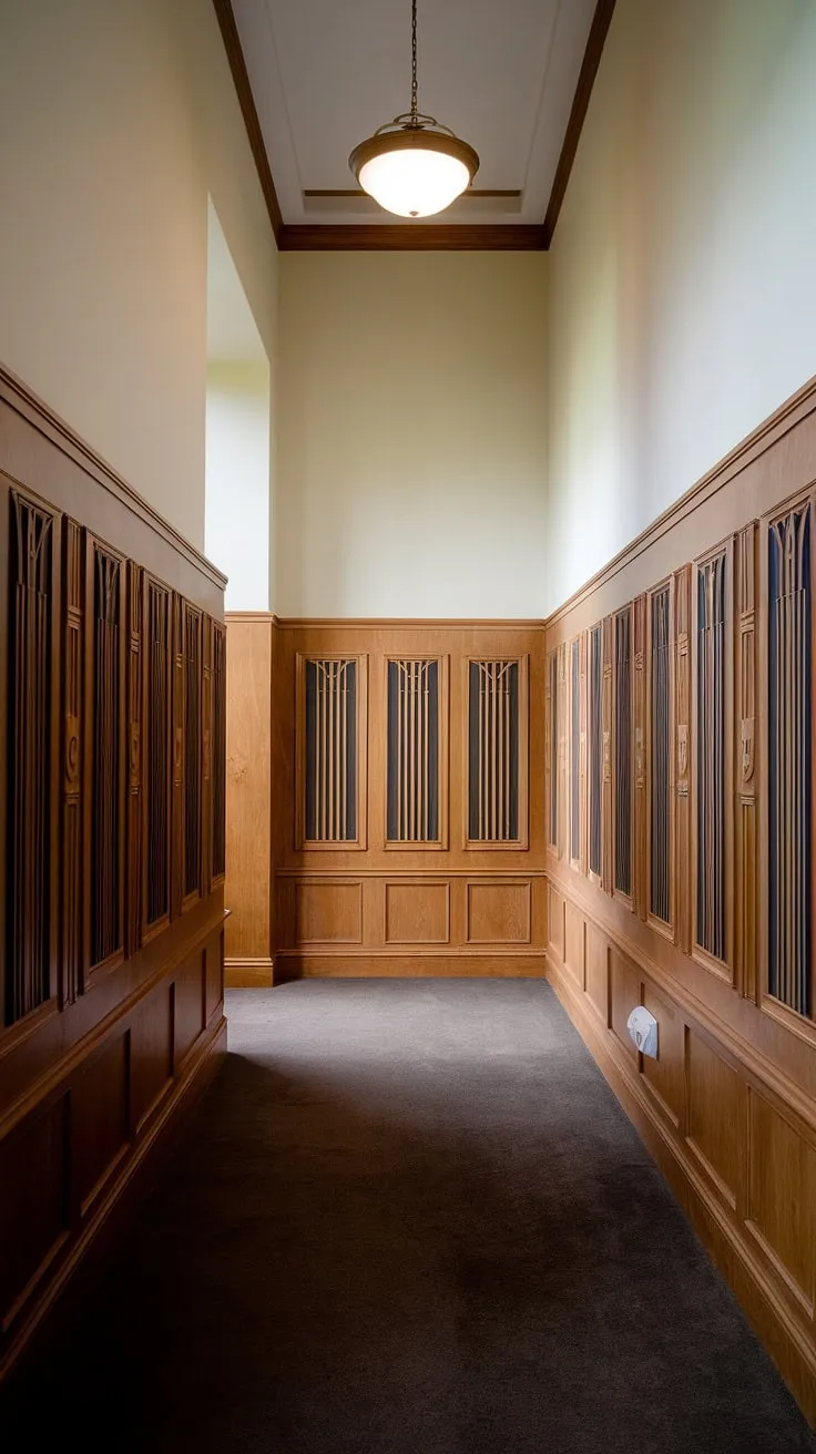 Step into elegance. This hallway's high ceiling wainscoting, a stunning example of art deco wainscoting, transforms a simple space into a grand foyer.  The intricate half panel wainscoting, perfect for wainscoting for short walls or high ceilings, offers endless wainscoting ideas for your own entryway wainscoting project.  This decorative wall trim is a testament to the power of detail.