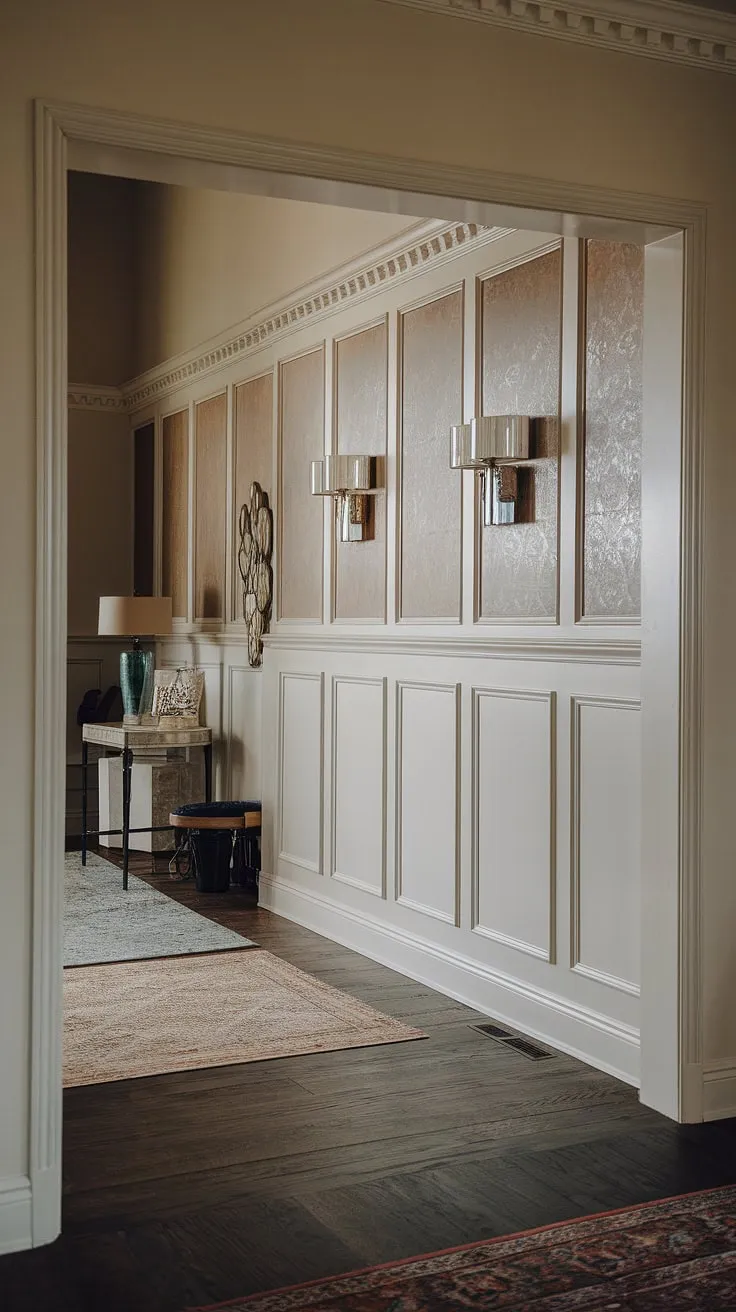 Step into timeless elegance. This entryway's high ceiling wainscoting, a stunning example of art deco wainscoting, transforms the space.  The half panel wainscoting design, perfect for wainscoting for short walls or high ceiling wainscoting, adds architectural detail and visual interest.  Consider this hallway wainscoting and wainscoting for foyers as inspiration for your own wainscoting ideas and decorative wall trim.