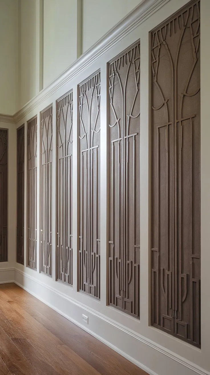 Step into elegance with this stunning entryway, showcasing exquisite art deco wainscoting.  The half panel wainscoting, a perfect example of wainscoting ideas for foyers, adds a touch of vintage glamour to the high ceiling and hardwood floors. This hallway wainscoting is a masterclass in decorative wall trim, proving that wainscoting for short walls can make a grand statement.