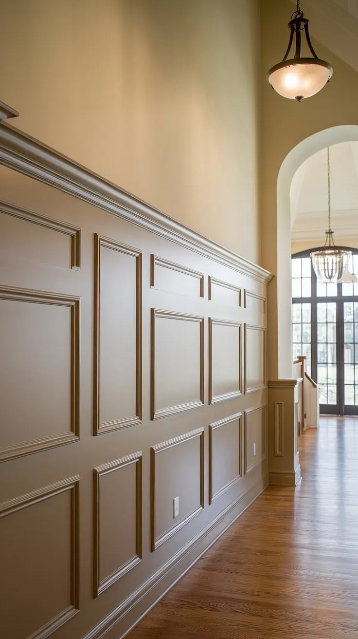 Elegant wainscoting ideas transform this hallway into a stunning entryway. The combination of half panel and full panel wainscoting, perfect for high ceiling wainscoting, adds depth and sophistication.  This art deco wainscoting, a beautiful example of decorative wall trim, elevates the space, proving that wainscoting for foyers doesn't need short walls to shine.