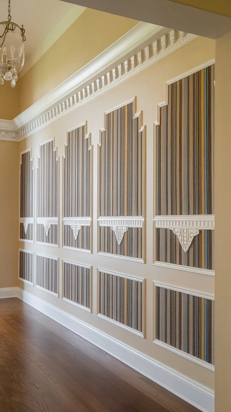 Step into elegance. This hallway's high ceiling wainscoting, a stunning example of art deco wainscoting, transforms a simple space into a grand foyer.  The unique striped panels and decorative wall trim offer endless wainscoting ideas, proving that even half panel wainscoting can make a statement, especially in entryway wainscoting or for wainscoting for short walls.