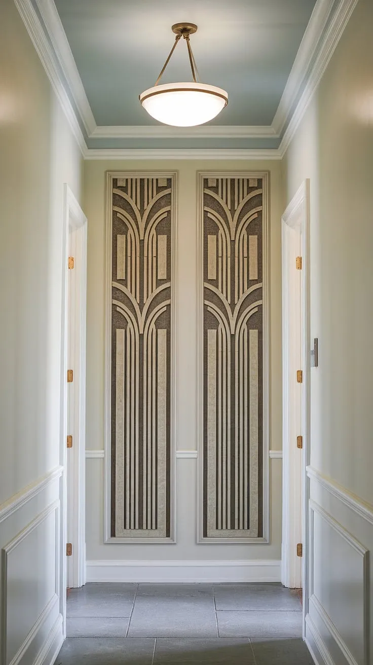 The sophisticated allure of this hallway is undeniable.  The art deco wainscoting, a masterpiece of decorative wall trim, showcases the perfect application of wainscoting for foyers and high ceiling wainscoting.  This half panel wainscoting, with its intricate design, provides inspiration for wainscoting ideas, proving that even wainscoting for short walls can make a bold statement.  A true testament to the transformative power of hallway wainscoting.