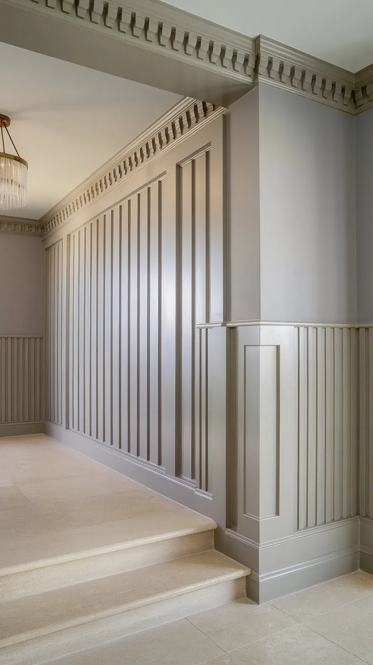 This art deco inspired hallway boasts breathtaking wainscoting, a masterful example of wainscoting for foyers. The beige half panel wainscoting, reaching the high ceiling, offers a sophisticated take on wainscoting ideas.  The decorative wall trim adds a touch of glamour, while the light grey walls provide a perfect backdrop.  This design showcases how wainscoting for short walls can be incredibly impactful, and is a stunning illustration of entryway wainscoting and high ceiling wainscoting solutions.
