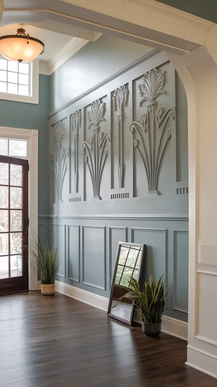 This high ceiling wainscoting is a showstopper! The intricate art deco design and rich detailing make this hallway wainscoting a true statement piece.  From wainscoting for foyers to wainscoting ideas for any space, this installation proves that decorative wall trim can elevate any home.  Consider this a lesson in how even half panel wainscoting can make a dramatic impact, defying the limitations of wainscoting for short walls.