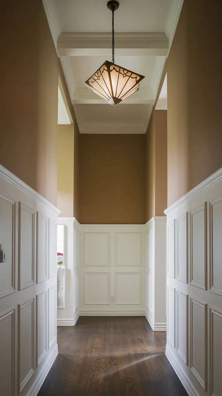 The grandeur of this entryway is undeniable.  High ceiling wainscoting, executed flawlessly with crisp white half panel wainscoting, creates a sense of timeless sophistication. This is a masterclass in wainscoting ideas, demonstrating how wainscoting for foyers and wainscoting for short walls can dramatically impact a space. The art deco light fixture and dark wood floor complete the look, making this hallway wainscoting a true showstopper.  The decorative wall trim adds the perfect finishing touch.
