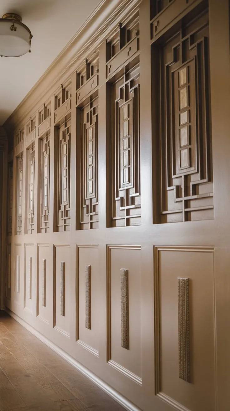 Step into elegance with this stunning hallway, showcasing exquisite art deco wainscoting that extends to the high ceiling.  The decorative wall trim and half panel wainscoting create a sophisticated ambiance, perfect for wainscoting for foyers and entryway wainscoting ideas. This is a prime example of how wainscoting for short walls can be adapted for grand spaces, offering endless inspiration for your own high ceiling wainscoting projects.