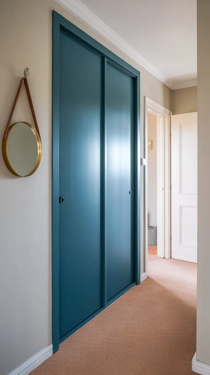 A deep blue sliding-door wardrobe, topped with a decor mirror, anchors a stylish grey hallway with beige carpet and a white door at its end