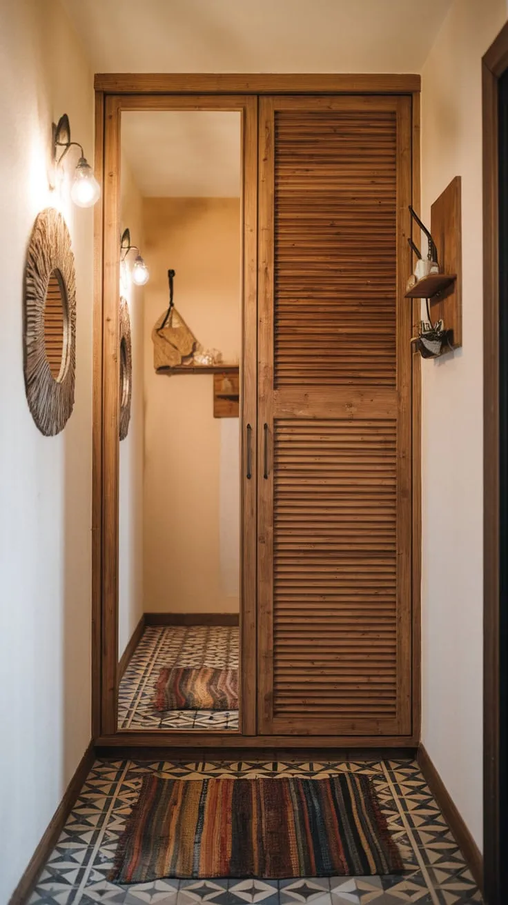 A charming hallway features a wooden wardrobe with a decorative mirror, all set against a warm-lit backdrop of tiled floors, a rug, and a subtly decorated shelf.