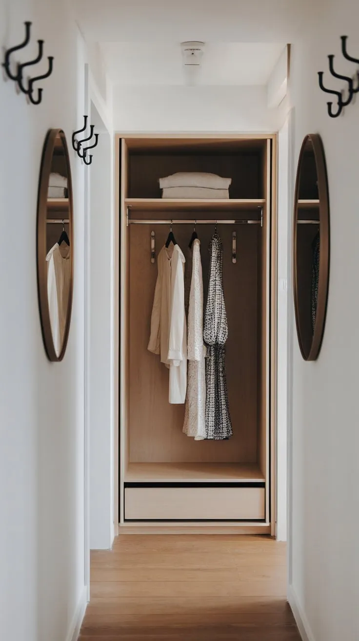 A minimalist hallway's wooden wardrobe, subtly lit, complements decorative mirrors and white walls in a modern, functional space