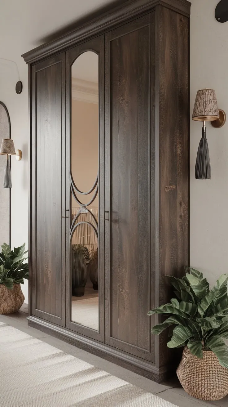 A dark wood hallway wardrobe with a decorative mirror anchors a minimalist modern home's entryway