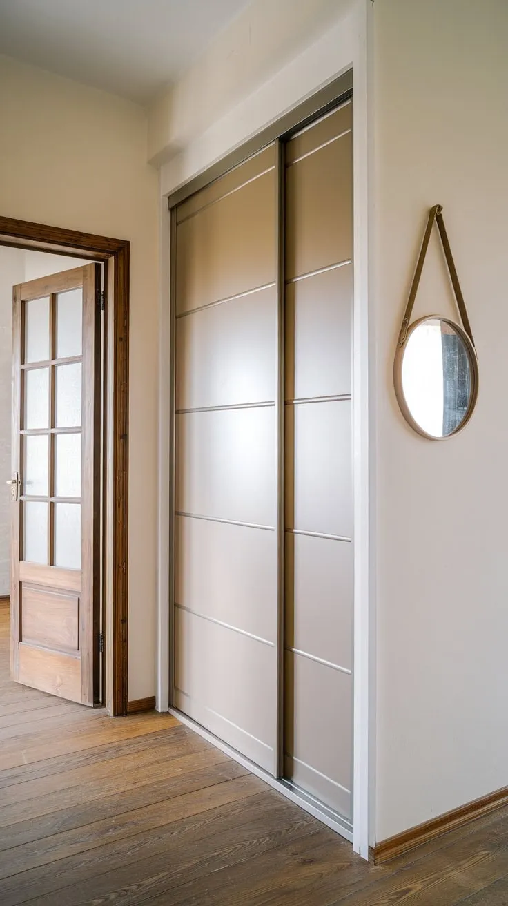 A sleek sliding-door hallway wardrobe complements light walls, a wooden floor, and a uniquely paneled door, all enhanced by a decorative mirror.