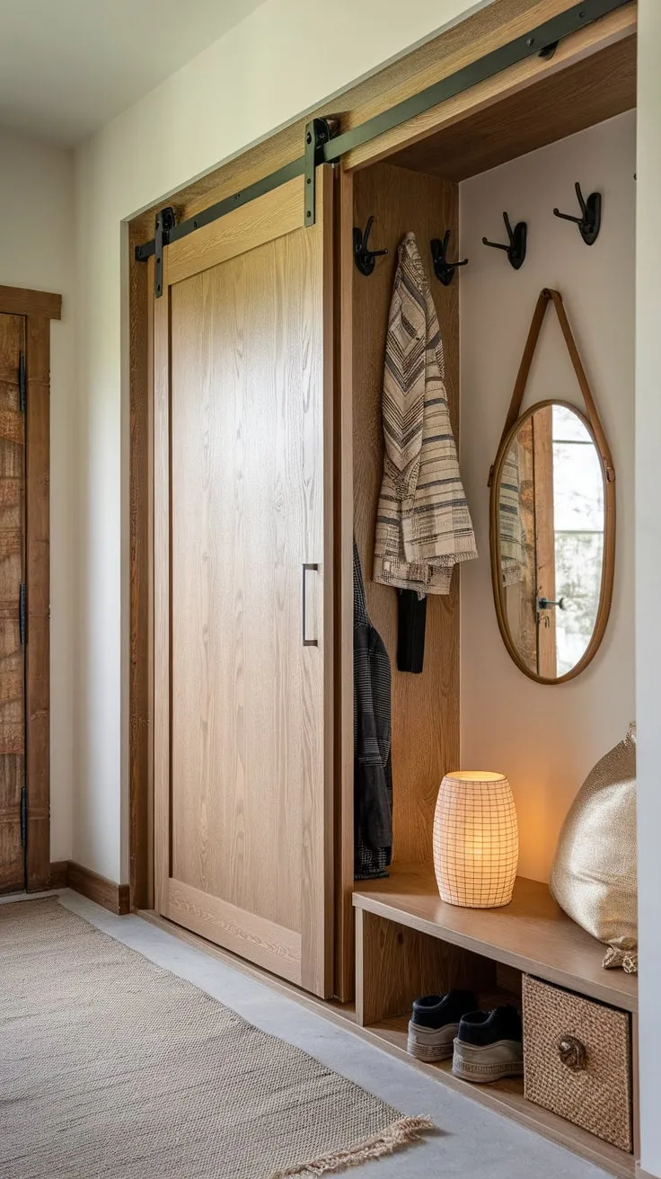 A sleek wood hallway wardrobe with a sliding door complements the modern mudroom aesthetic, enhanced by a decor mirror and soft floor rug.