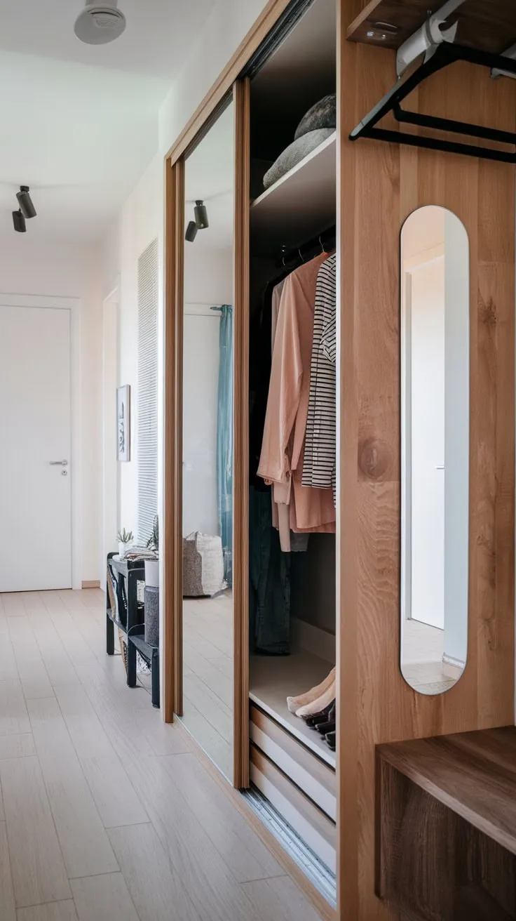 A sleek wooden hallway wardrobe, subtly mirroring its minimalist surroundings, offers both storage and style in a modern home