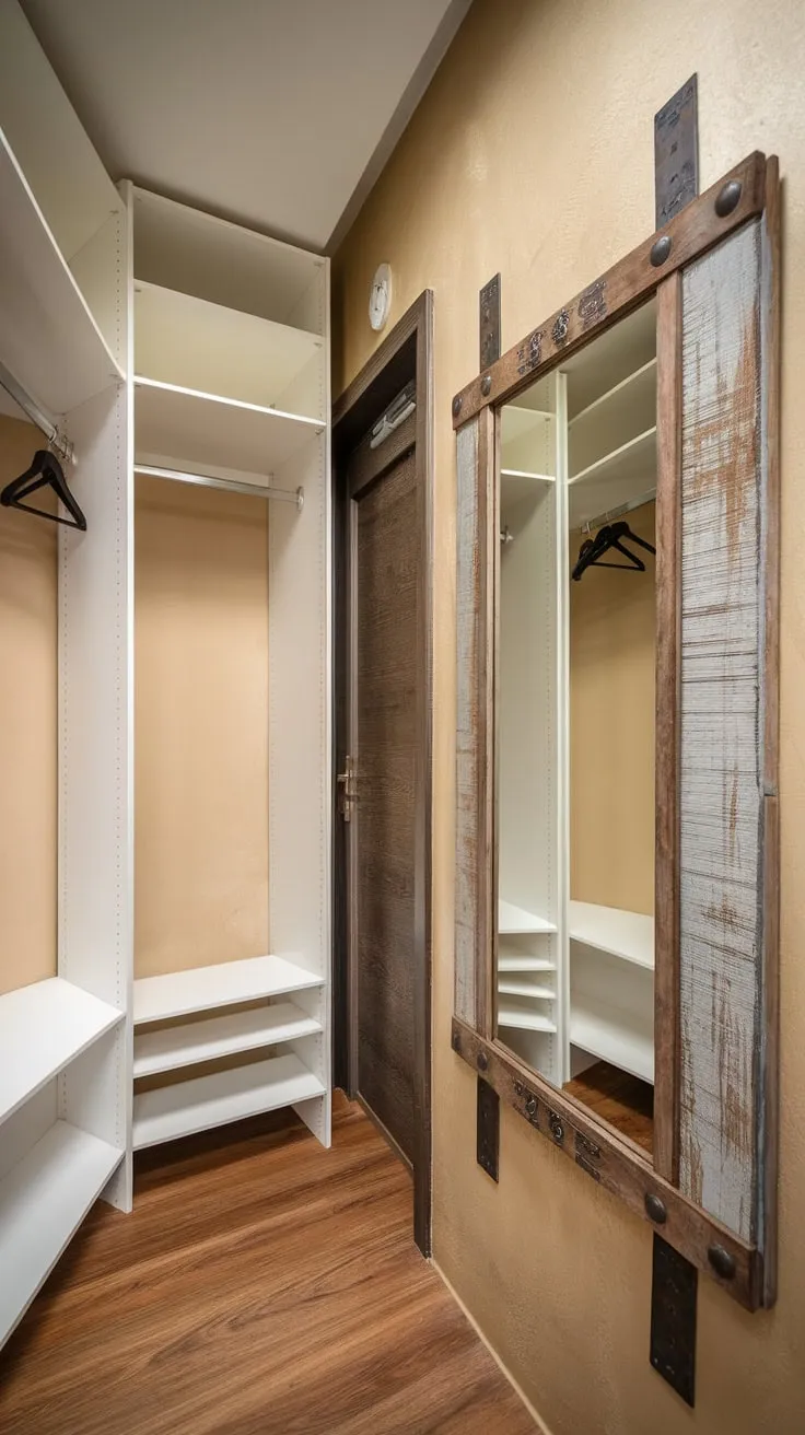 A rustic mirror and multi-functional hallway wardrobe flank a door in a warm beige-walled hallway with wooden floors.