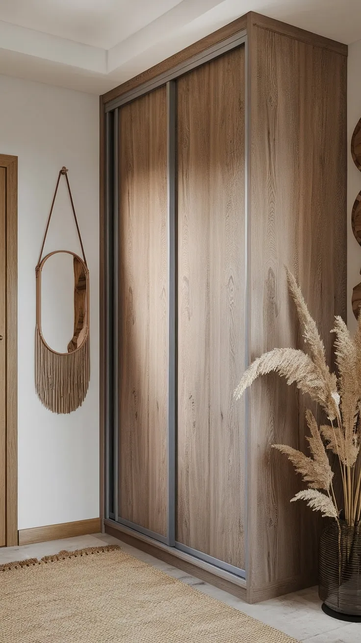 This hallway wardrobe is more than just storage; it's a statement piece.  The warm wood grain contrasts beautifully against the crisp white walls in this home hall design, while the strategically placed decor mirror and plush rug elevate the space.  The overall effect is a sophisticated mudroom design showcasing impeccable interior designer aesthetic and a truly captivating door aesthetic within these thoughtful hallway designs.