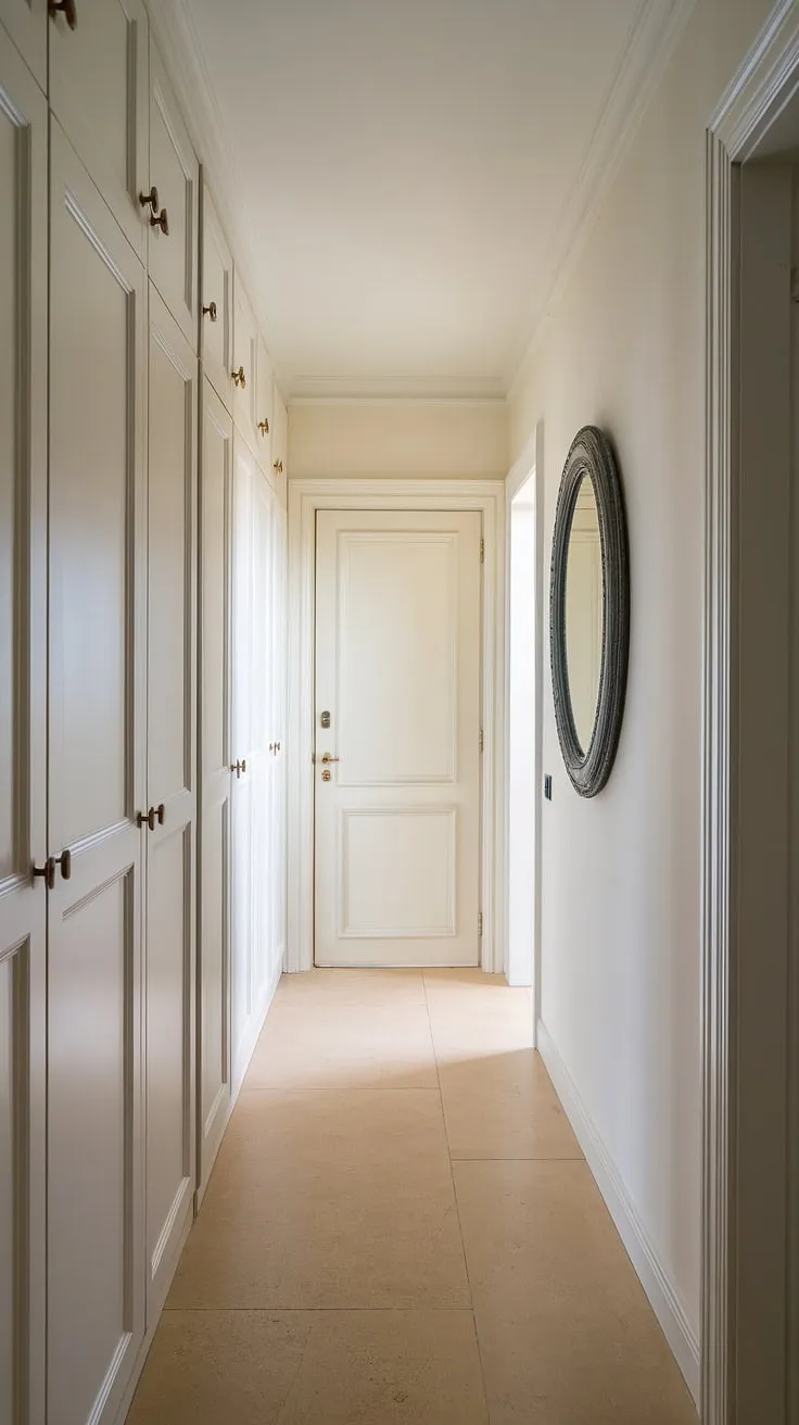 Clean lines and a calming palette define this minimalist hallway wardrobe design. The decor mirror adds a touch of elegance, while the door aesthetic completes the sophisticated home hall design.  This interior designer aesthetic is perfect for a mudroom design, too.