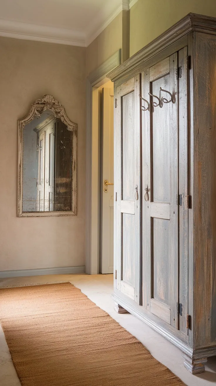 This hallway wardrobe, a rustic masterpiece, anchors the space with its weathered charm. The vintage decor mirror and warm rug complete the interior designer aesthetic, transforming this simple home hall design into a captivating mudroom design.  The door aesthetic at the end adds a touch of mystery, inviting exploration.
