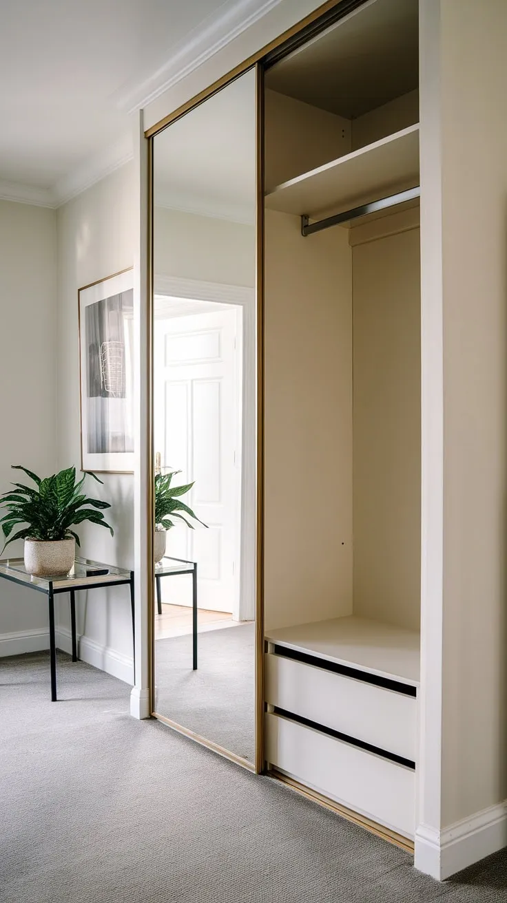 Streamlined style meets practical storage in this hallway wardrobe design.  The full-length decor mirror on the door adds a touch of elegance to the home hall design, while the built-in unit maximizes space, perfect for a mudroom design or any hallway designs needing a touch of interior designer aesthetic.  The subtle grey carpet and potted plant complete the sophisticated door aesthetic.